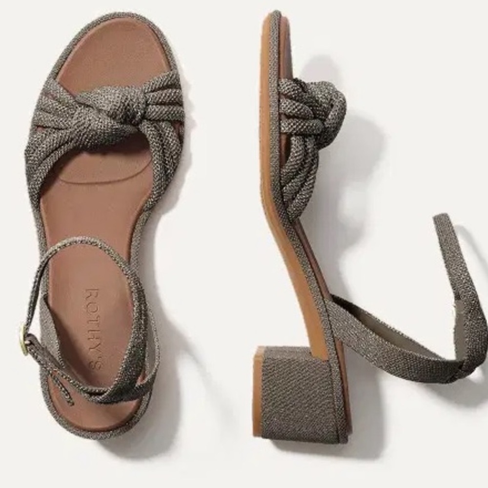 Rothys Silver Knot Sandals Block Heel, SIZE 7 US